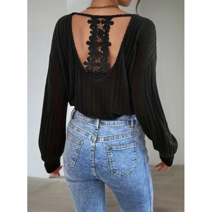 Kadın Uzun Kollu V Yakalı Pencere Sırt Dantel Detaylı Kalın Fitilli Kaşkorse Bluz