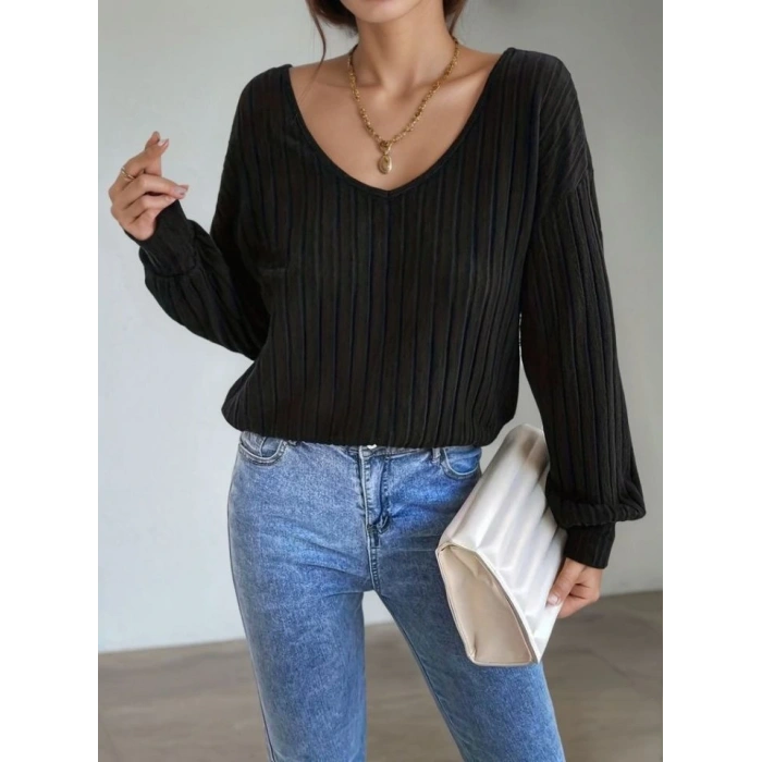 Kadın Uzun Kollu V Yakalı Pencere Sırt Dantel Detaylı Kalın Fitilli Kaşkorse Bluz