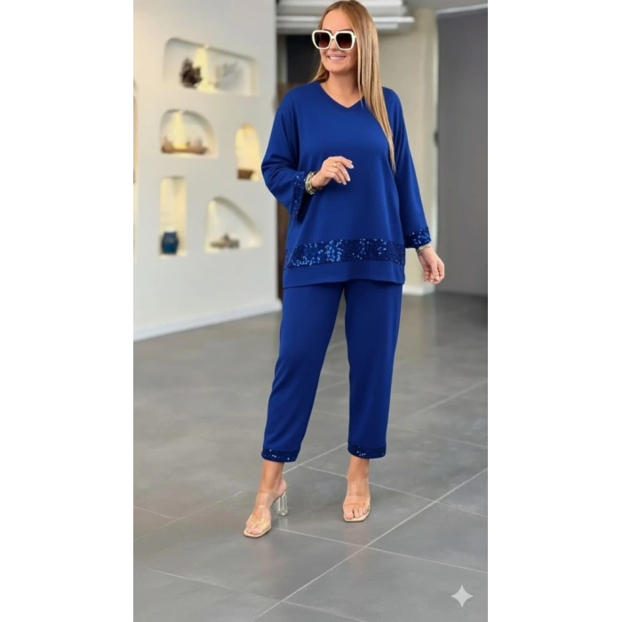 Kadın Uzun Kollu V Yakalı Pulpayet Viskon Iki Iplik Bluz Ve Pantolon Takım