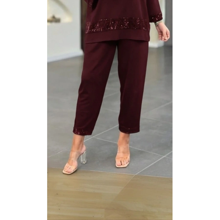 Kadın Uzun Kollu V Yakalı Pulpayet Viskon Iki Iplik Bluz Ve Pantolon Takım