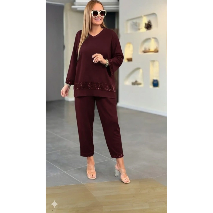 Kadın Uzun Kollu V Yakalı Pulpayet Viskon Iki Iplik Bluz Ve Pantolon Takım
