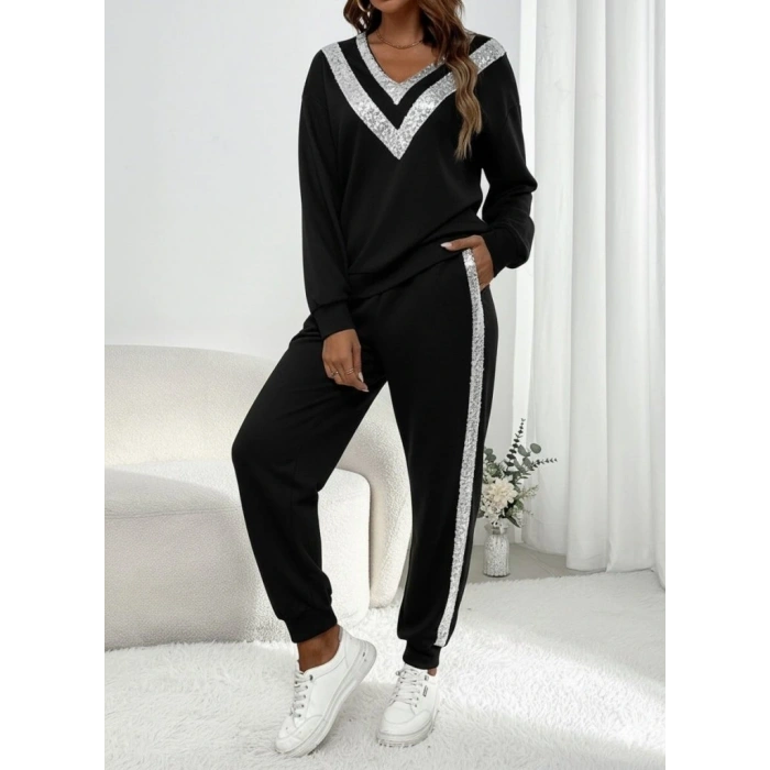 Kadın Uzun Kollu V Yakalı Pulpayetli Viskon Iki Iplik Bluz Ve Pantolon