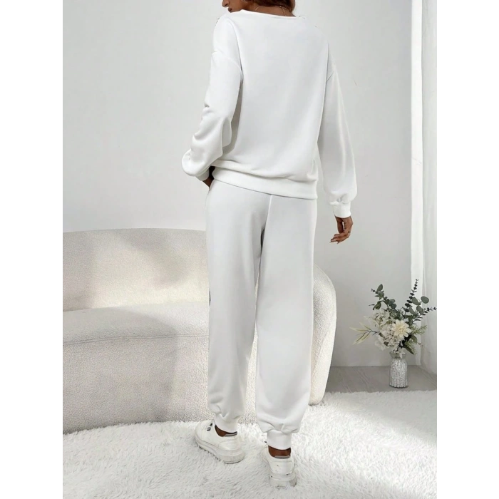 Kadın Uzun Kollu V Yakalı Pulpayetli Viskon Iki Iplik Bluz Ve Pantolon
