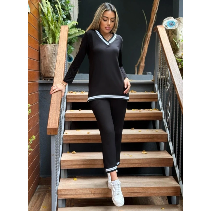Kadın Uzun Kollu V Yakalı şerit Detay Alt Ve üst Viskon Iki Iplik Detay Ikili Takım