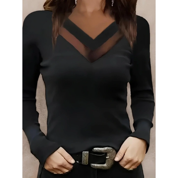 Kadın Uzun Kollu V Yakalı Tül Göğüs Dekolte Detaylı Viskon Bluz