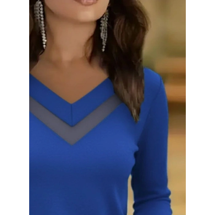 Kadın Uzun Kollu V Yakalı Tül Göğüs Dekolte Detaylı Viskon Bluz