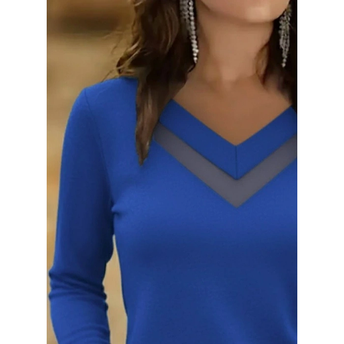 Kadın Uzun Kollu V Yakalı Tül Göğüs Dekolte Detaylı Viskon Bluz