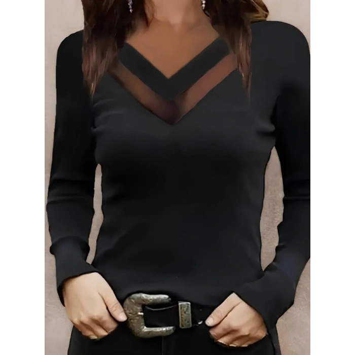 Kadın Uzun Kollu V Yakalı Tül Göğüs Dekolte Detaylı Viskon Bluz