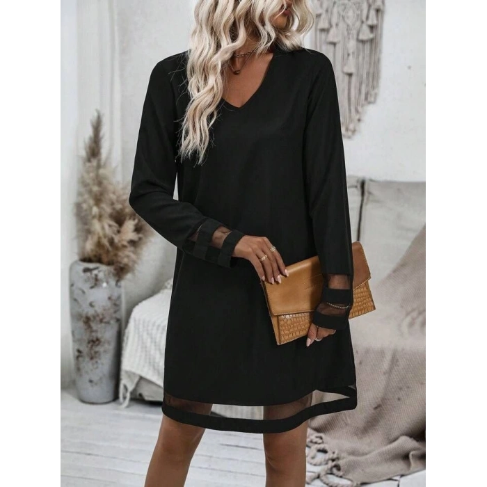 Kadın Uzun Kollu V Yakalı Tül şerit Detaylı Mini Krep Elbise
