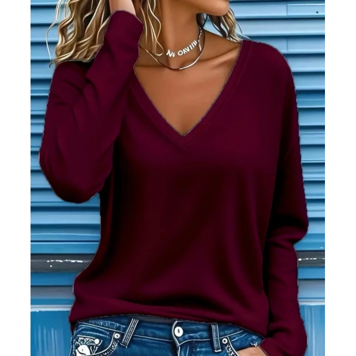 Kadın Uzun Kollu V Yakalı Viskon Iki Iplik Bluz