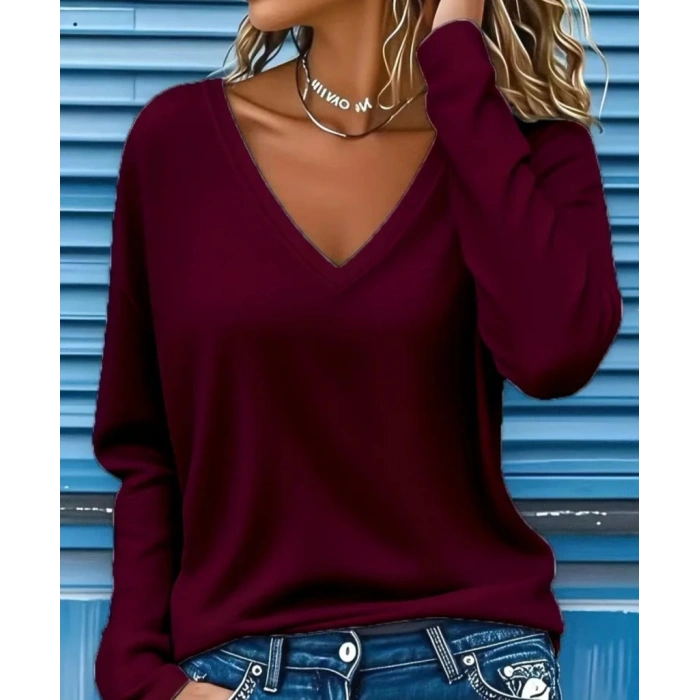 Kadın Uzun Kollu V Yakalı Viskon Iki Iplik Bluz