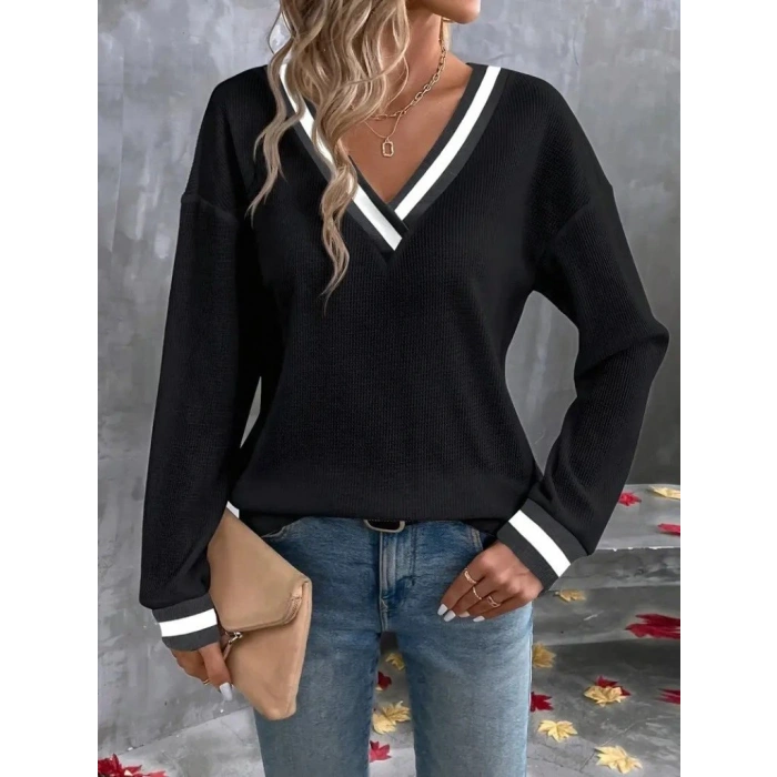 Kadın Uzun Kollu V Yakalı Waffle Bluz