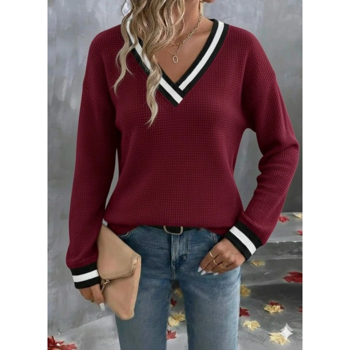 Kadın Uzun Kollu V Yakalı Waffle Bluz