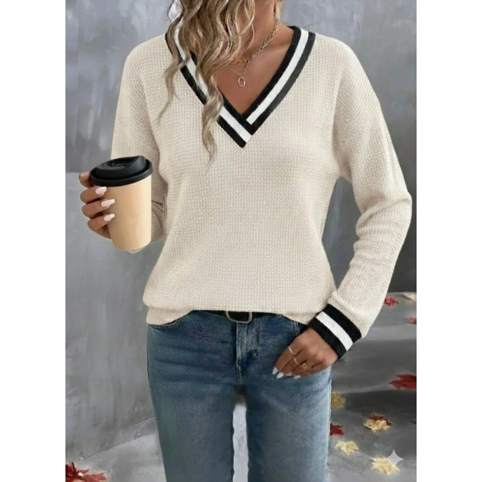 Kadın Uzun Kollu V Yakalı Waffle Bluz