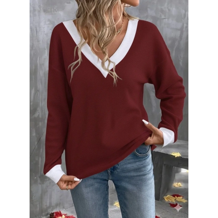 Kadın Uzun Kollu V Yakalı Waffle Bluz