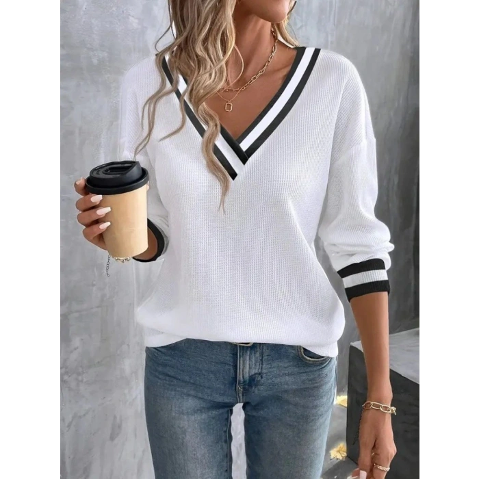 Kadın Uzun Kollu V Yakalı Waffle Bluz