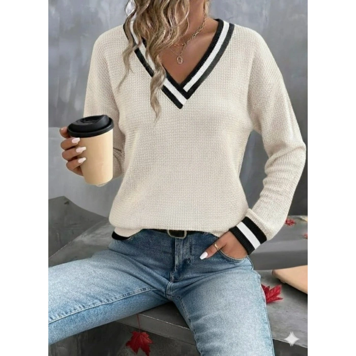 Kadın Uzun Kollu V Yakalı Waffle Bluz