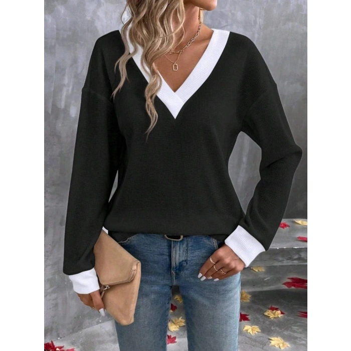 Kadın Uzun Kollu V Yakalı Waffle Bluz