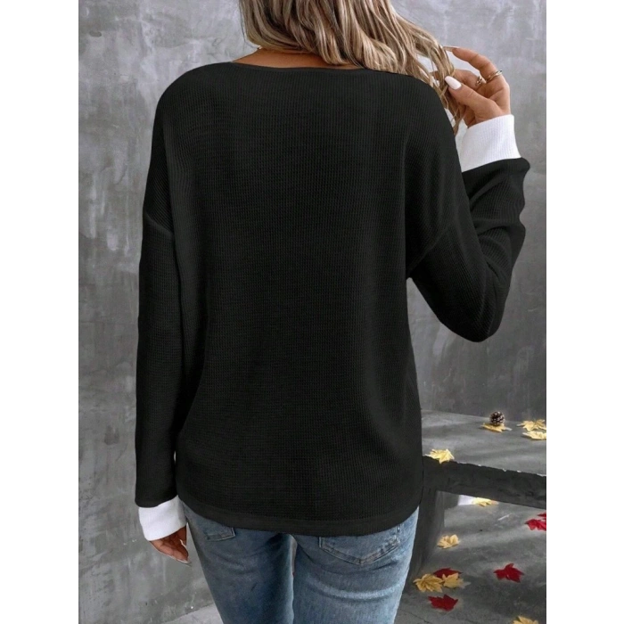 Kadın Uzun Kollu V Yakalı Waffle Bluz