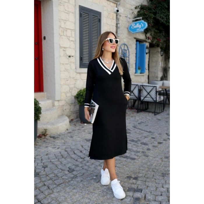 Kadın Uzun Kollu V Yakalı Yandan Yırtmaçlı Iki Iplik Midi Elbise