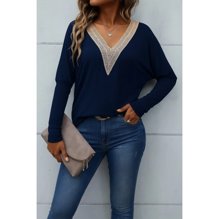 Kadın Uzun Kollu V Yakalı Yarasa Kollu Viskon Bluz