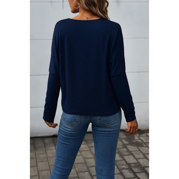 Kadın Uzun Kollu V Yakalı Yarasa Kollu Viskon Bluz