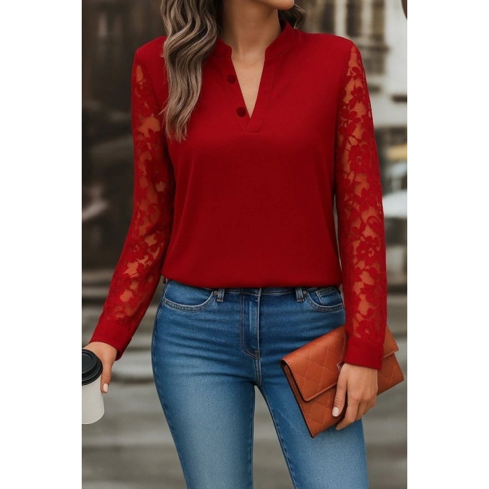 Kadın Uzun Kollu Yaka Düğme Detay Güpürlü Kol Krep Bluz