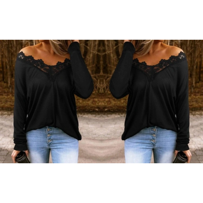 Kadın Uzun Kollu Yaka Güpür Detay Viskon Bluz