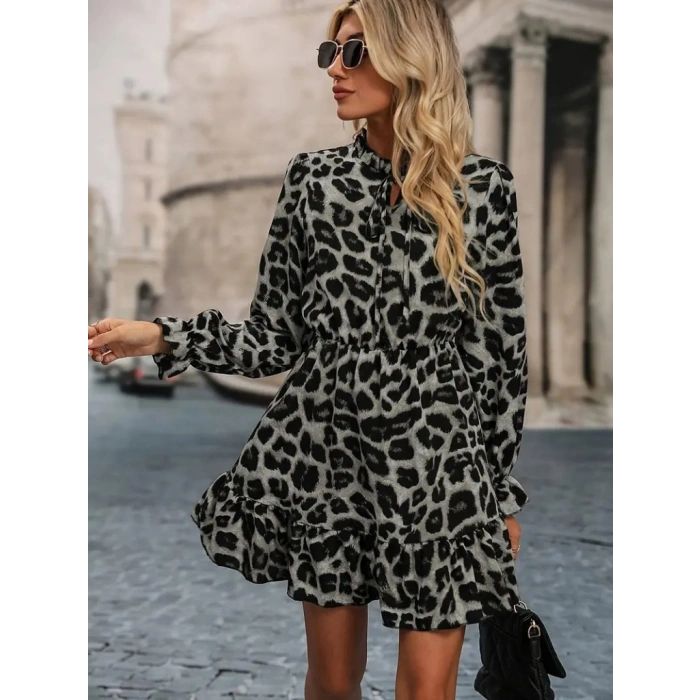 Kadın Uzun Kollu Yakadan Bağlamalı Beli Lastikli şardonlu Dalgıç Elbise