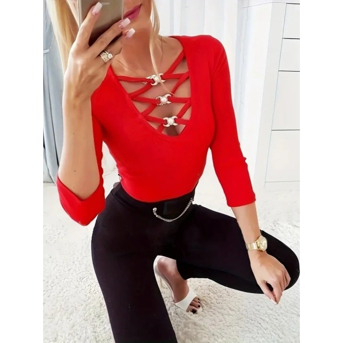 Kadın Uzun Kollu Yakadan çapraz Detaylı Kaşkorse Bluz