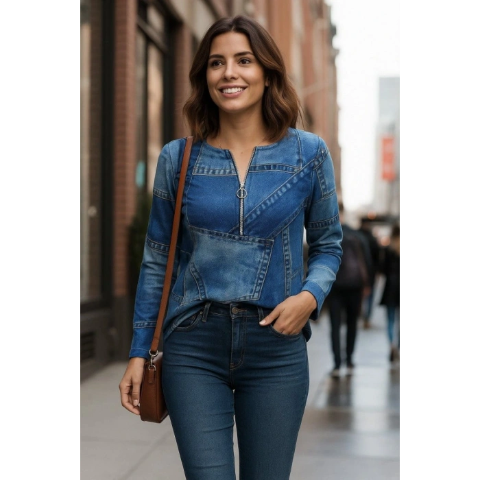 Kadın Uzun Kollu Yakadan Fermuarlı Kot Görünüm Desenli Uzun Modal Bluz