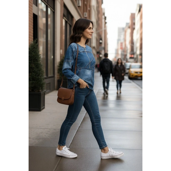 Kadın Uzun Kollu Yakadan Fermuarlı Kot Görünüm Desenli Uzun Modal Bluz