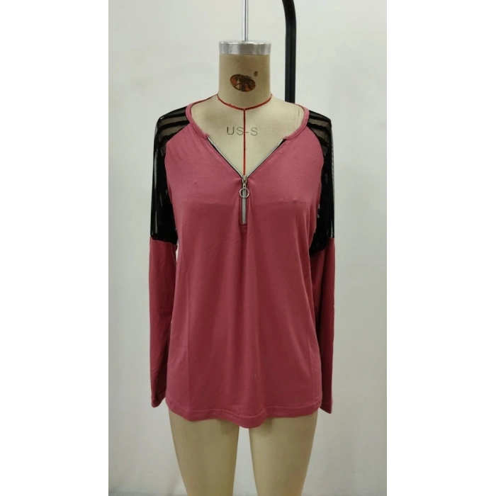 Kadın Uzun Kollu Yakadan Fermuarlı Viskon Bluz