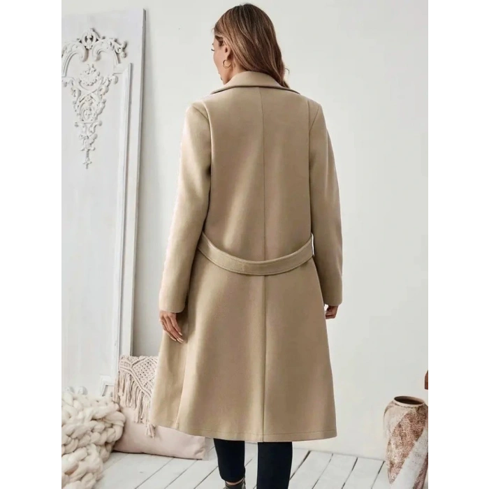 Kadın Uzun Kollu Yakalı Belde şerit Düğme Detaylı Cepli Mini Kaşe Kaban