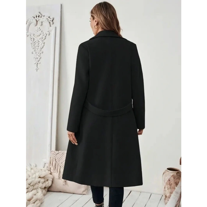 Kadın Uzun Kollu Yakalı Belde şerit Düğme Detaylı Cepli Mini Kaşe Kaban