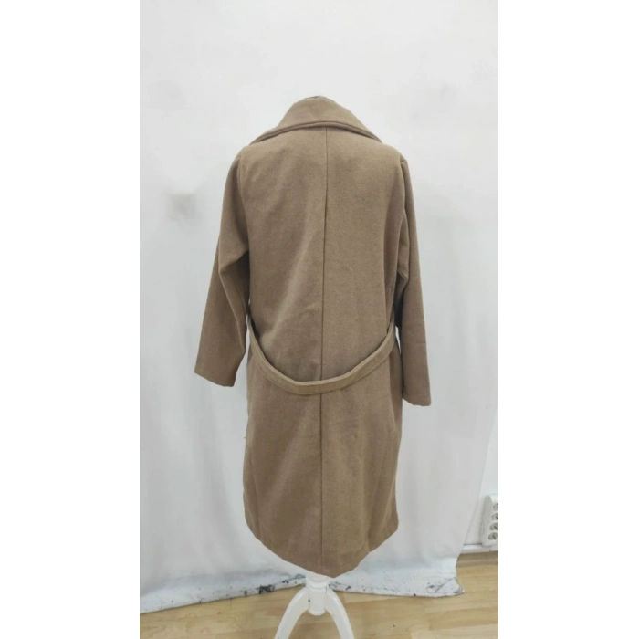 Kadın Uzun Kollu Yakalı Belde şerit Düğme Detaylı Cepli Mini Kaşe Kaban