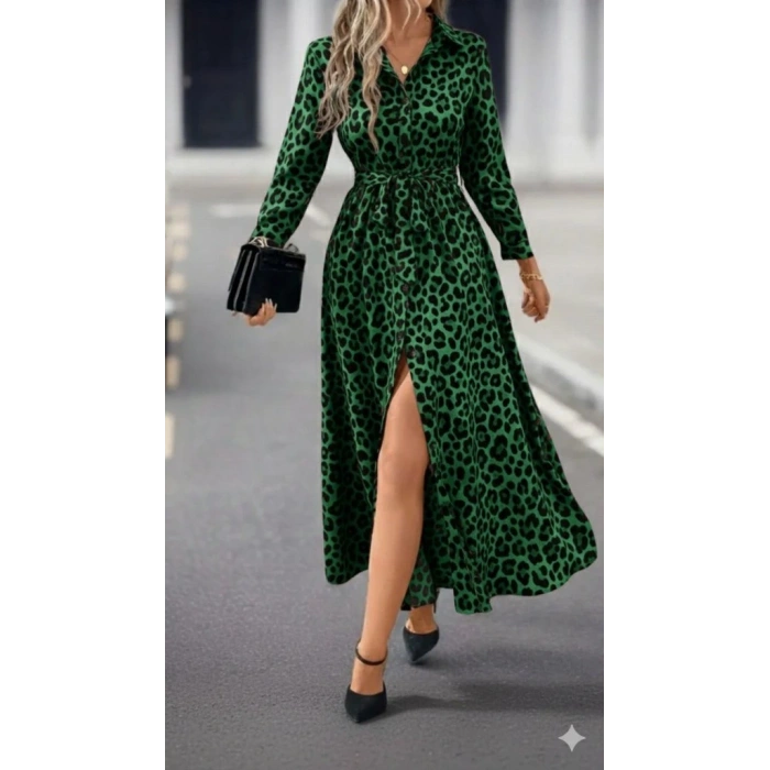 Kadın Uzun Kollu Yakalı Belden Kuşaklı Leopar Desenli Modal Uzun Elbise