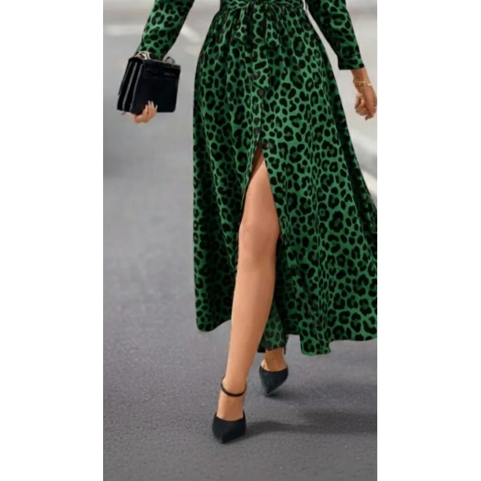 Kadın Uzun Kollu Yakalı Belden Kuşaklı Leopar Desenli Modal Uzun Elbise