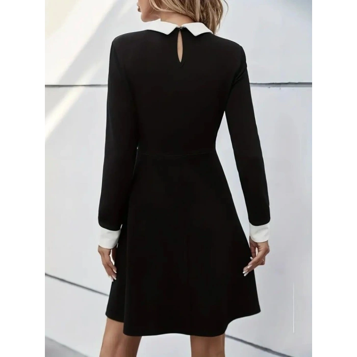 Kadın Uzun Kollu Yakalı Düğmeli Kısa Modal Mini Elbise