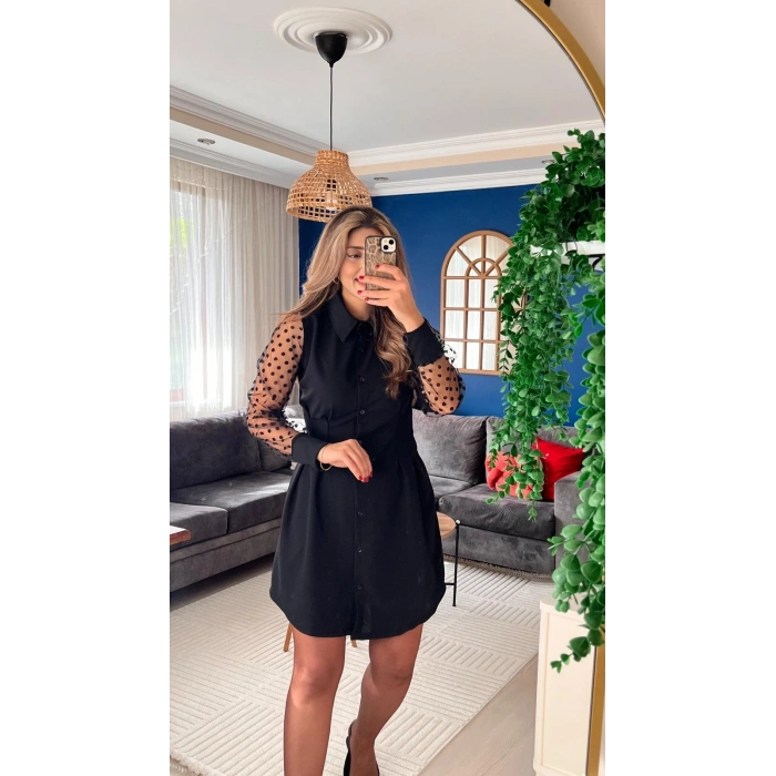 Kadın Uzun Kollu Yakalı Düğmeli Mini Ithal Krep Elbise