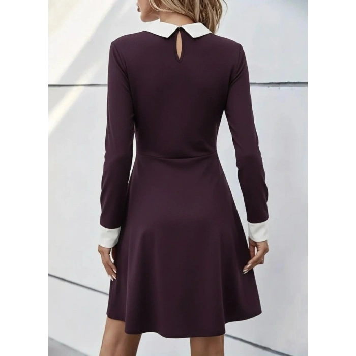 Kadın Uzun Kollu Yakalı Düğmeli Mürdüm Modal Mini Elbise