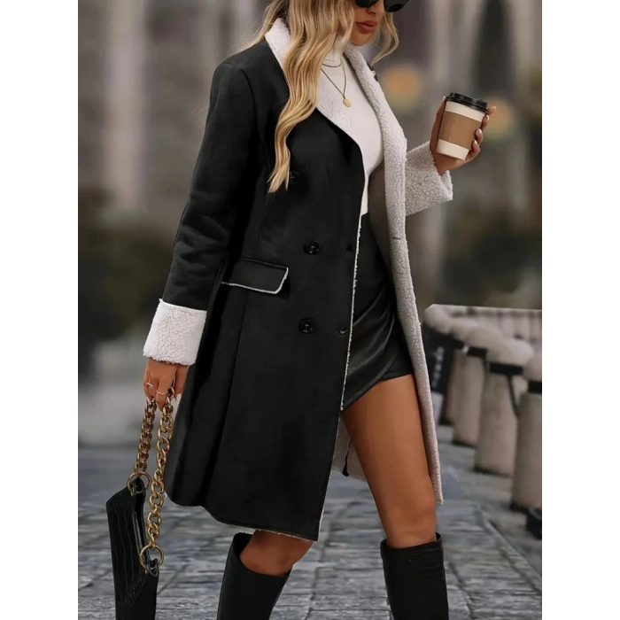 Kadın Uzun Kollu Yakalı Düğmeli Süet Mini Manto