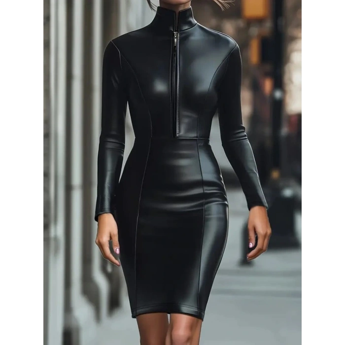 Kadın Uzun Kollu Yakalı Fermuarlı Mini Deri Elbise