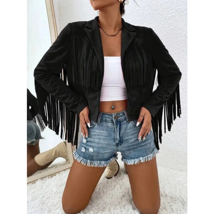 Kadın Uzun Kollu Yakalı Kısa Püsküllü Süet Ceket