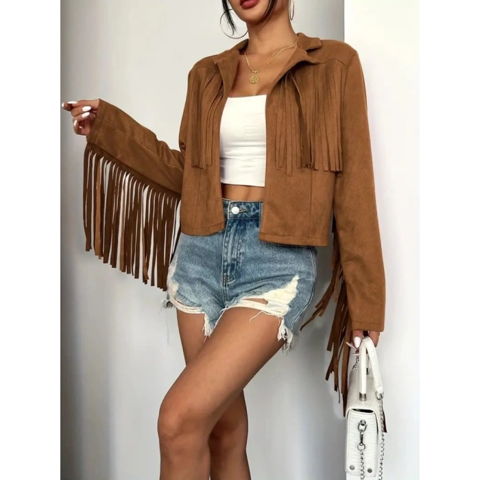 Kadın Uzun Kollu Yakalı Kısa Püsküllü Süet Ceket