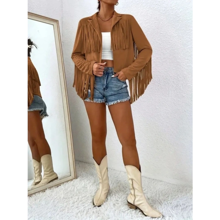 Kadın Uzun Kollu Yakalı Kısa Püsküllü Süet Ceket