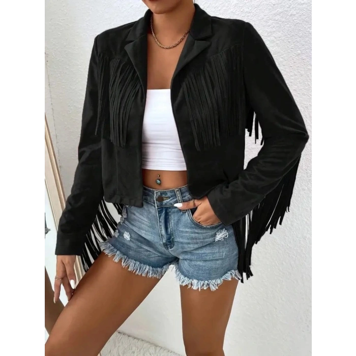 Kadın Uzun Kollu Yakalı Kısa Püsküllü Süet Ceket