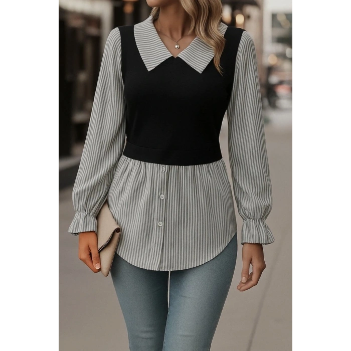 Kadın Uzun Kollu Yakalı önden Düğmeli Ottoman Bluz