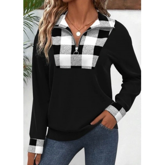 Kadın Uzun Kollu Yakalı önden Fermuarlı Ekose Detaylı Viskon Iki Iplik Bluz