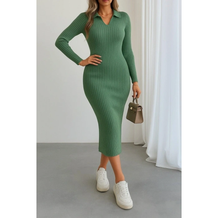 Kadın Uzun Kollu Yakalı Triko Elbise
